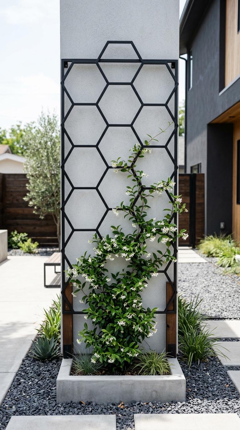 Modern geometric metal trellis in a contemporary garden
