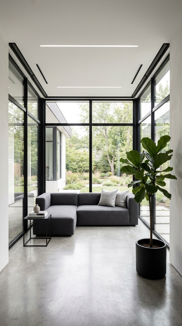 Modern minimalist enclosed porch idea with glass walls and neutral tones