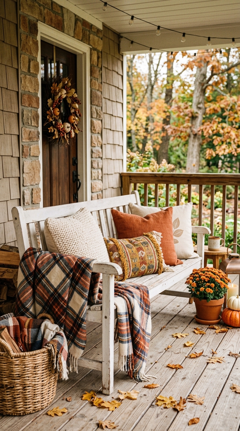Plaid throw blanket and pillows styled on a porch bench for cozy fall seating.