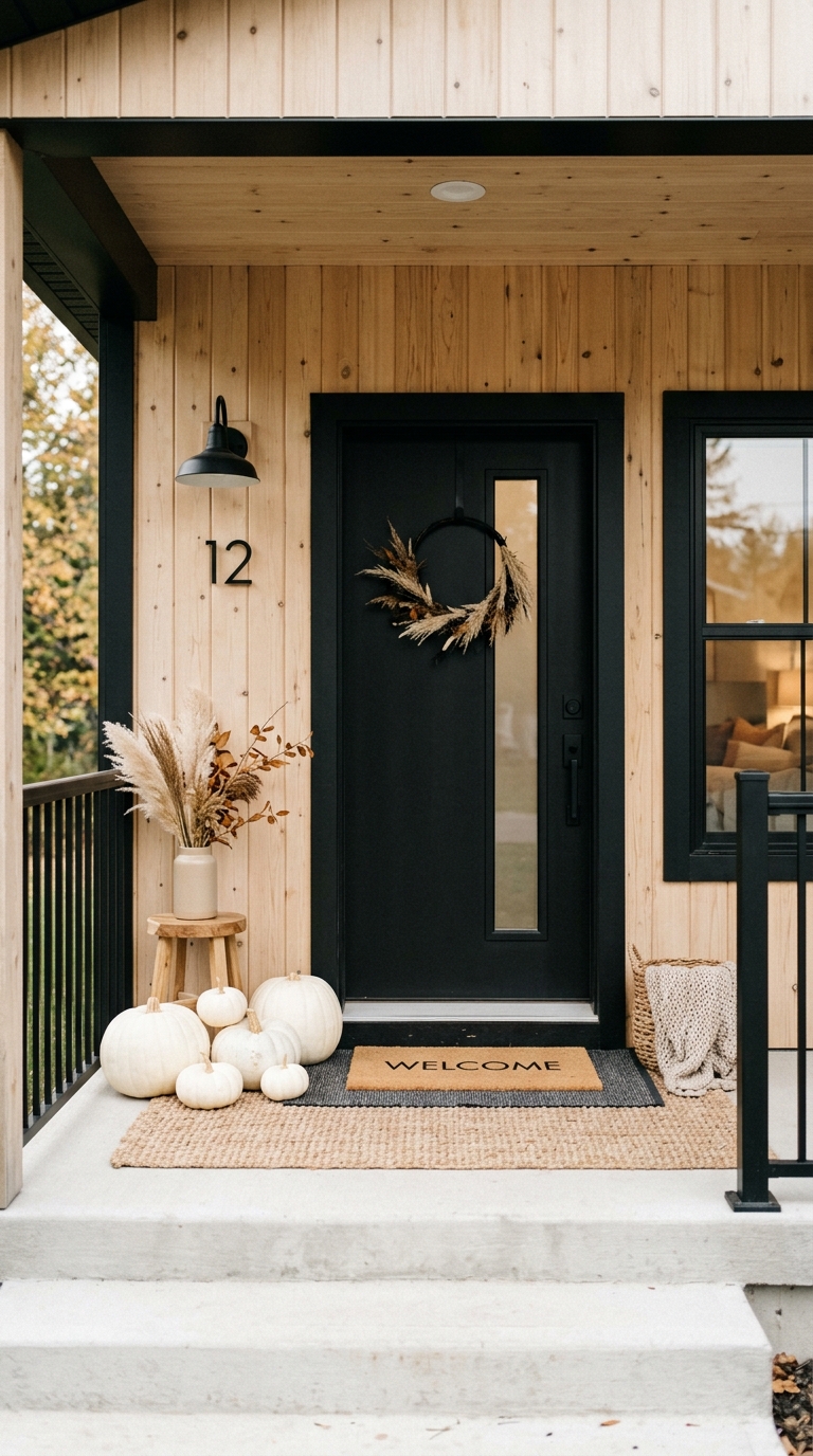 Neutral fall decor with white pumpkins styled on a small modern porch.