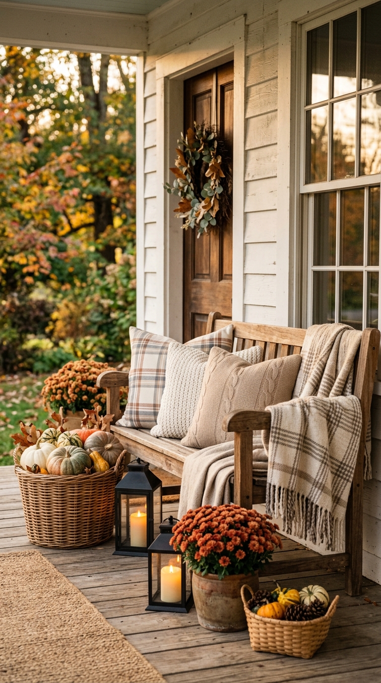 Muted plaid and solid throw pillows styled on a farmhouse porch