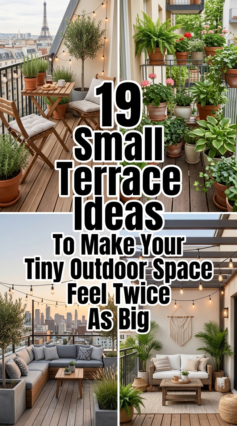 Modern small terrace with space-saving furniture, plants, and cozy outdoor decor.