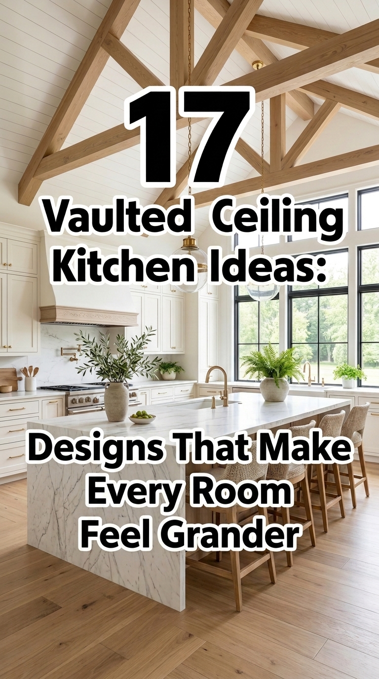 Modern kitchen featuring a vaulted ceiling with exposed beams and marble island