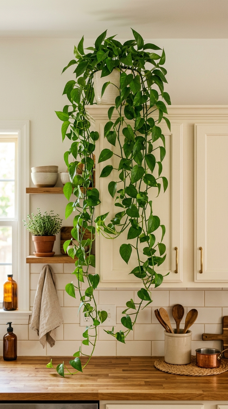 Money plant cascading down from the top of kitchen cabinets