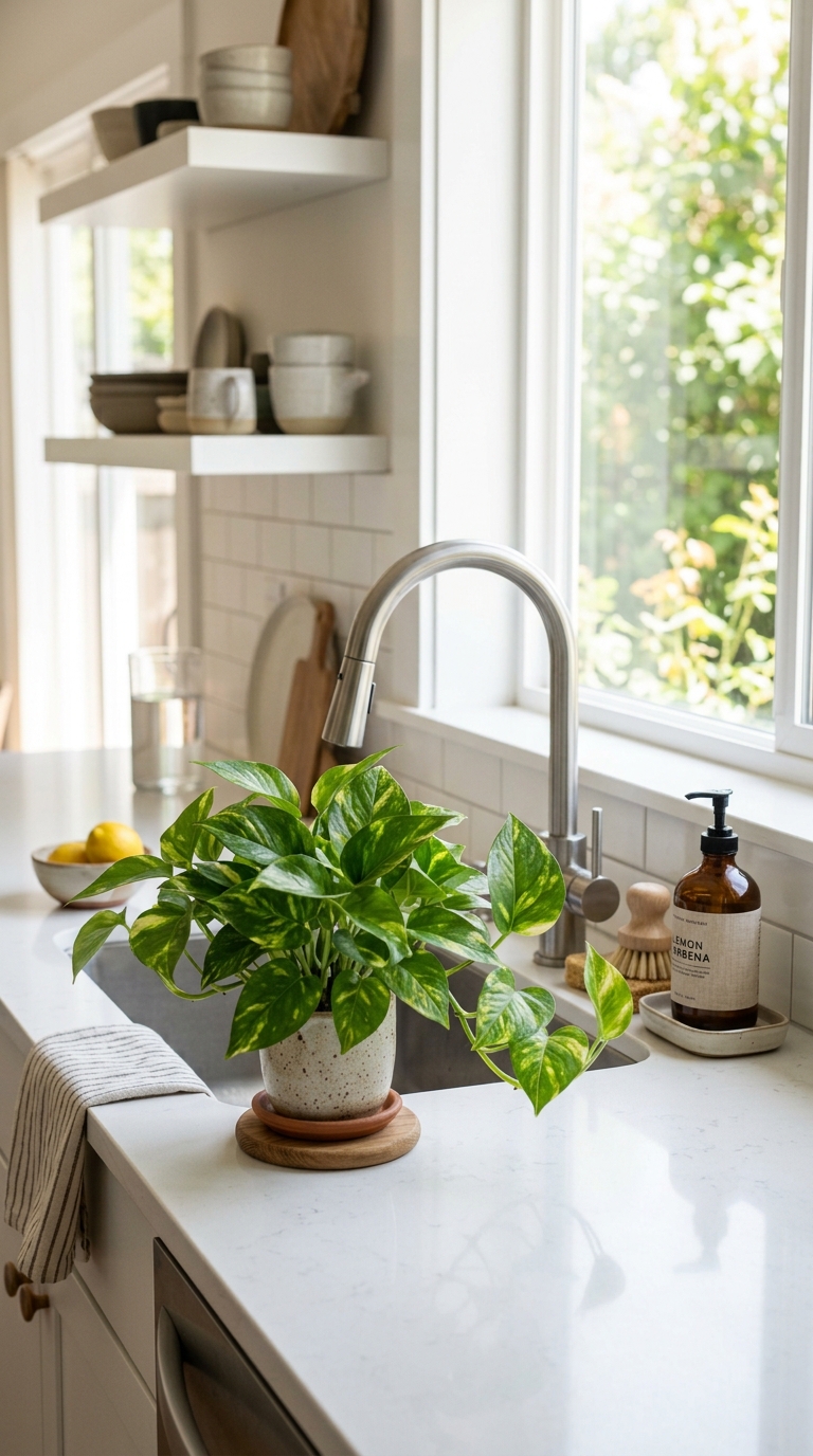 Small money plant styled beside a kitchen sink on the countertop