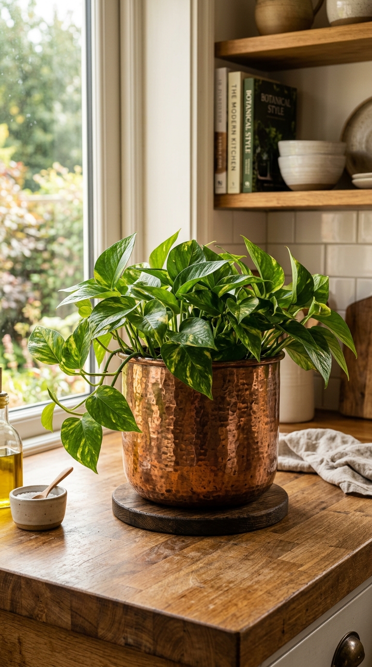 Money plant styled in a copper pot on a kitchen counter