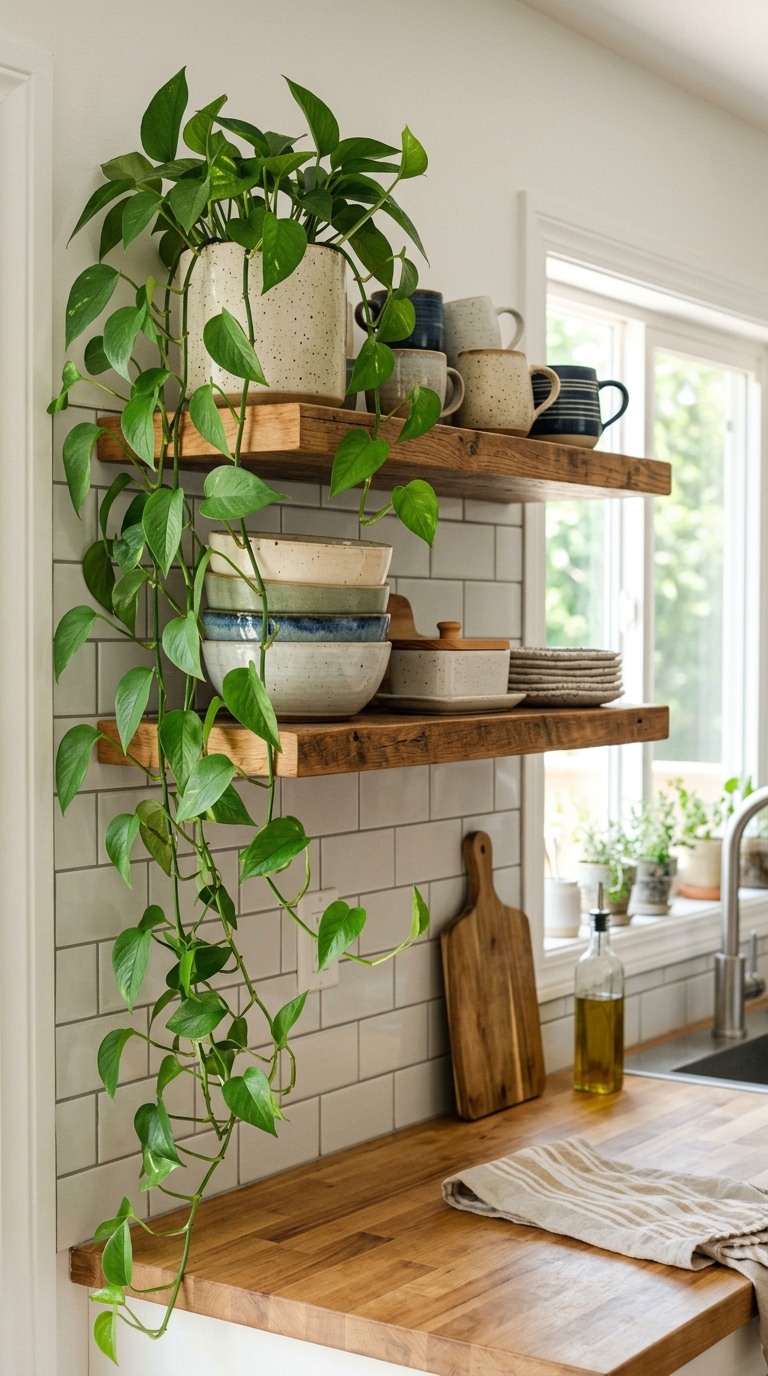 Money plant trailing from a floating kitchen shelf with dishware