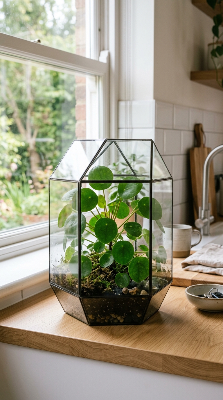 Money plant growing inside a glass terrarium on a kitchen counter.
