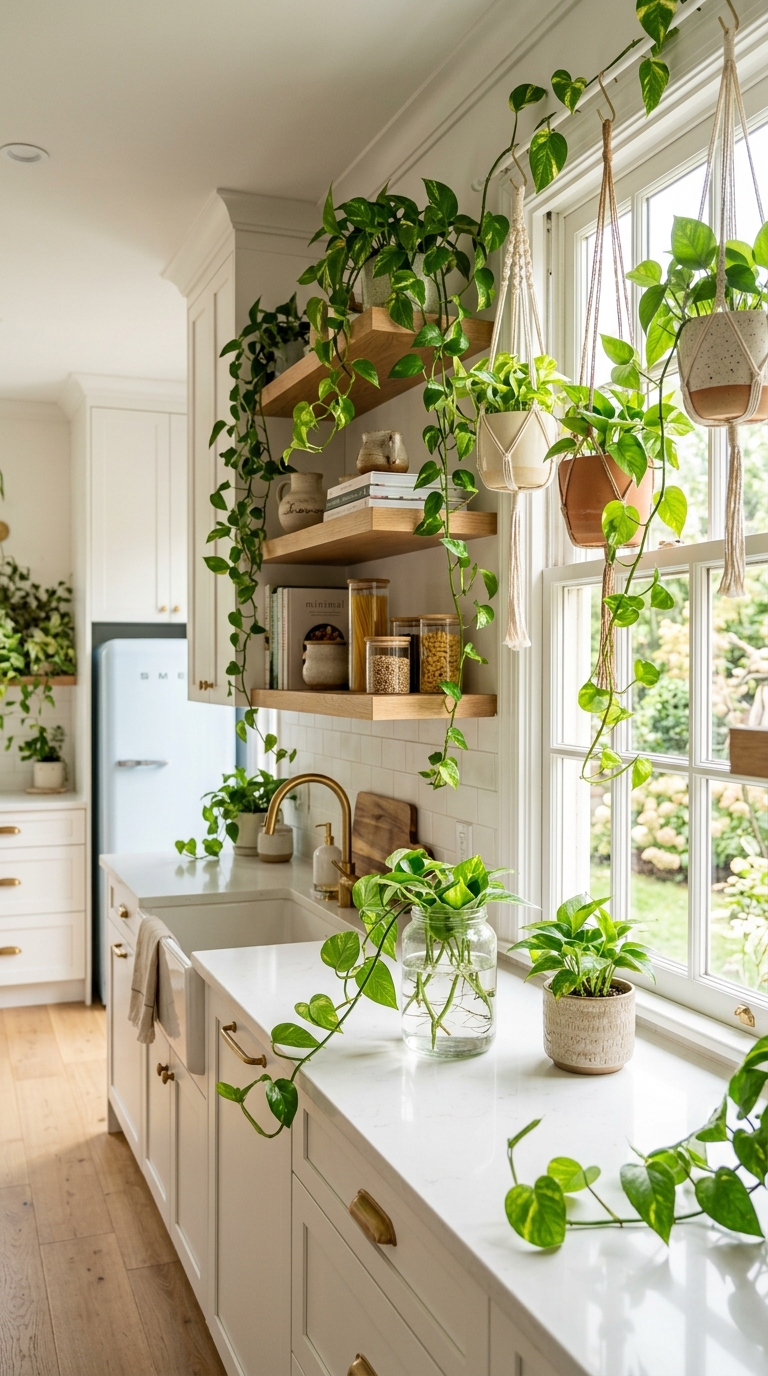 Modern kitchen decorated with lush money plants and trailing pothos vines.