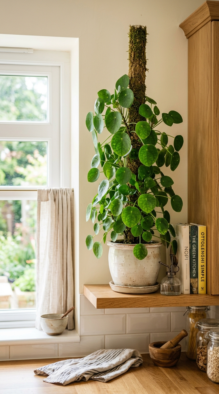 Money plant climbing a moss pole as a sculptural kitchen accent