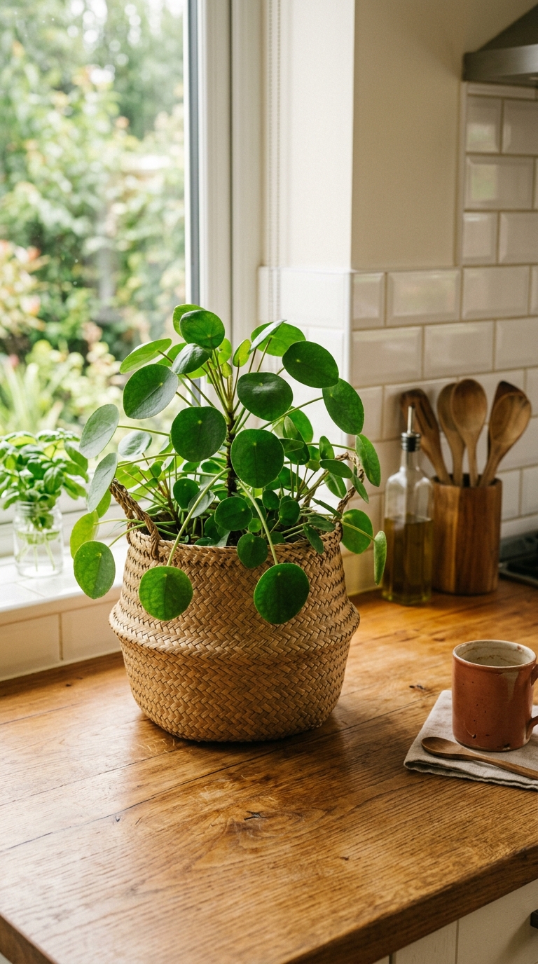 Small money plant pots styled on open kitchen shelves with dishware