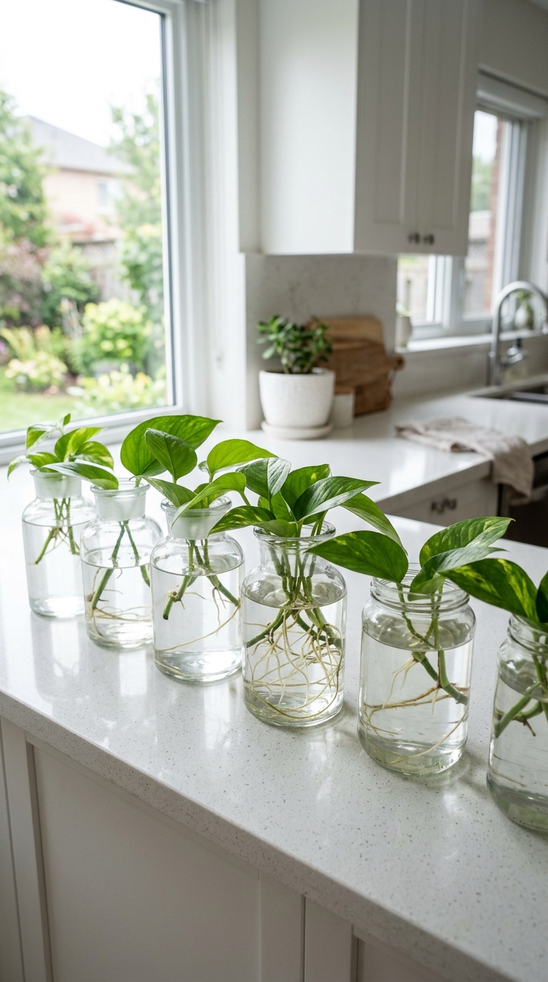 Money plant cuttings rooting in glass jars on a kitchen counter propagation station.