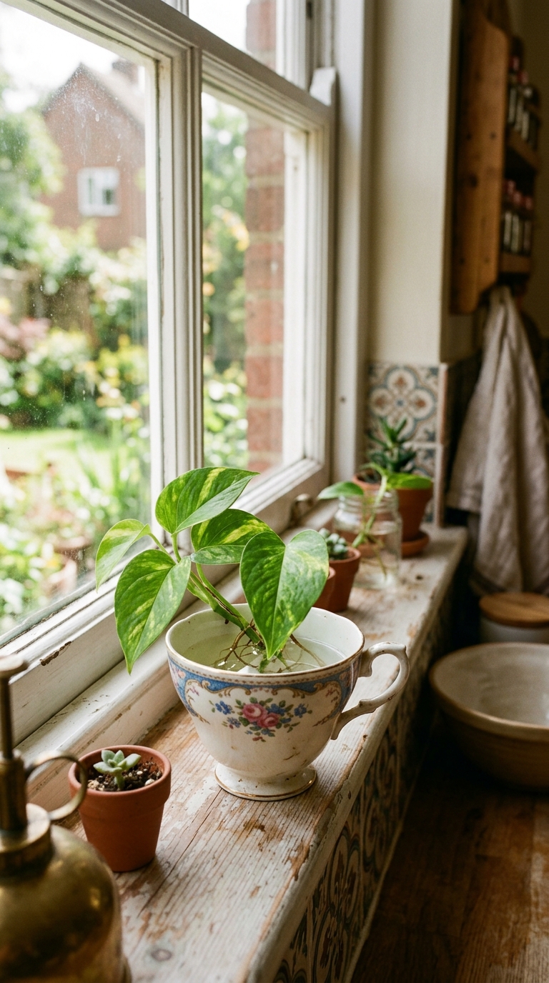 Mini money plant growing in a vintage teacup on a kitchen windowsill
