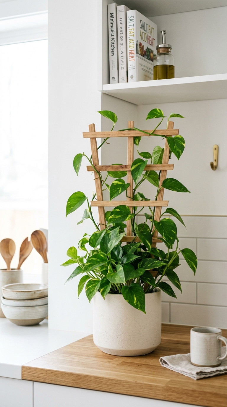 Money plant climbing a wooden trellis mounted on a kitchen wall