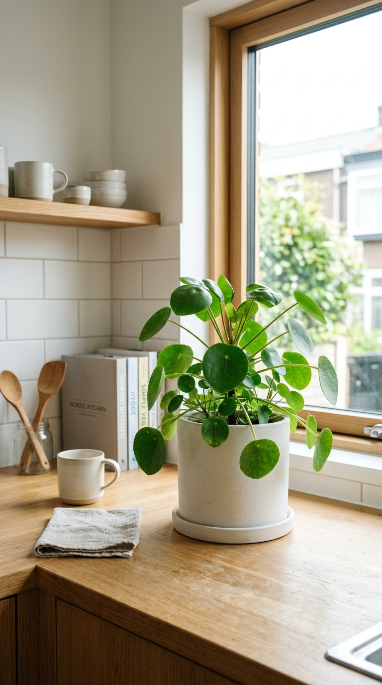 Money plants styled in mismatched vintage pots on a kitchen counter
