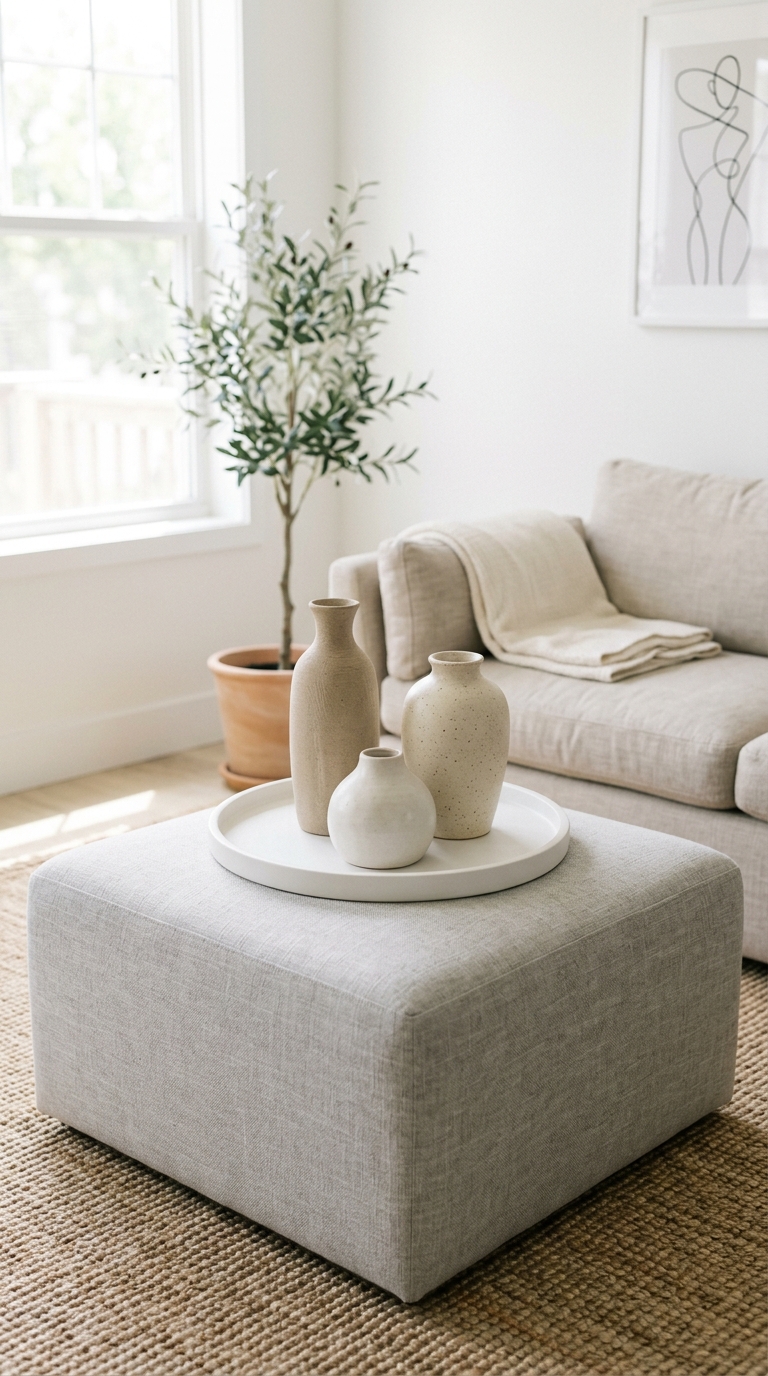 Neutral ceramic vases styled on a monochrome ottoman coffee table tray