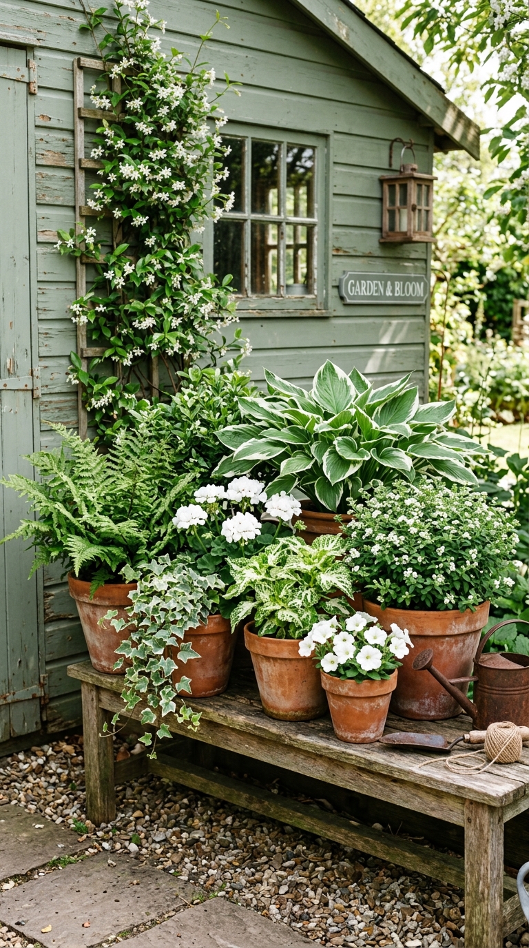 Monochrome white and green planting scheme next to a garden shed