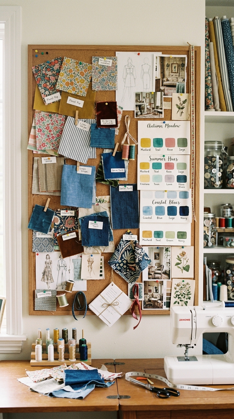 Sewing room mood board corner with fabric swatches and design inspiration