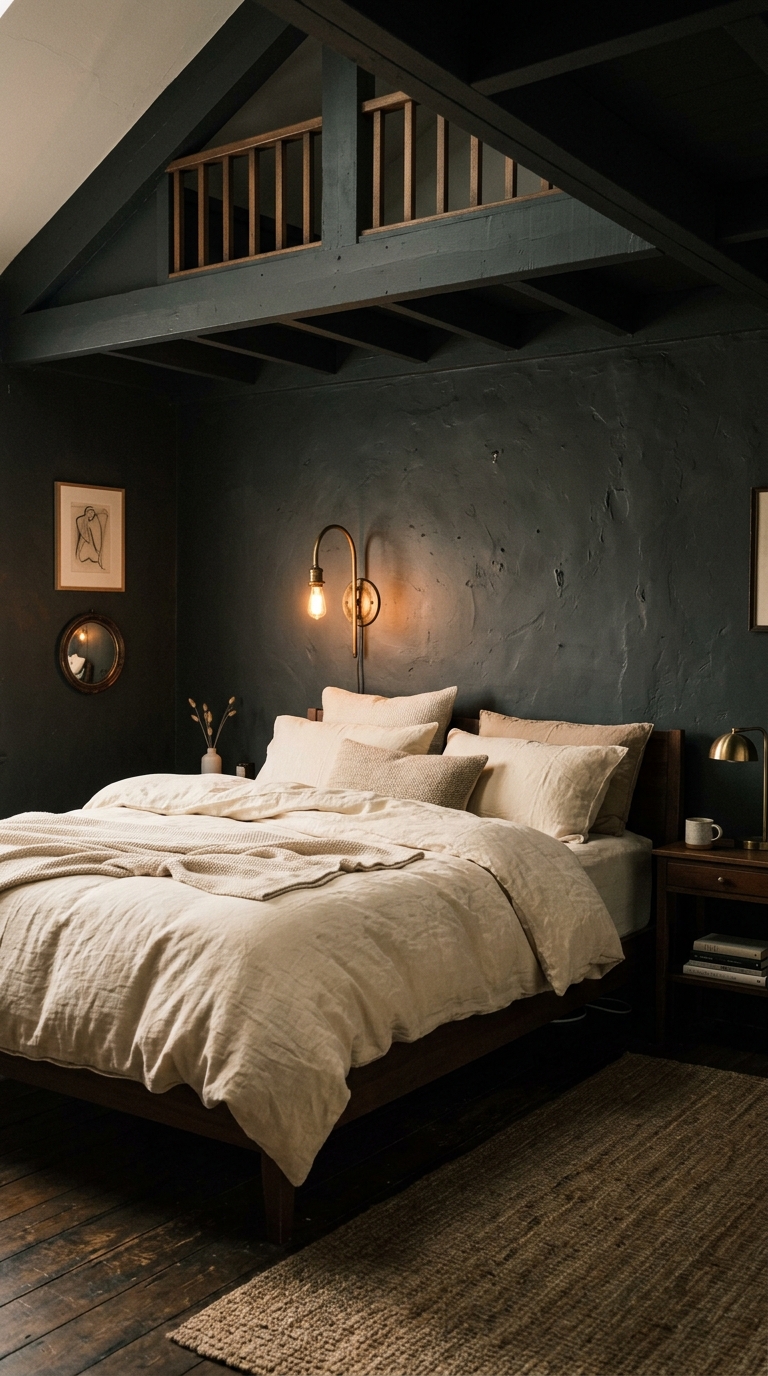 Moody dark-painted loft bedroom with warm brass lighting accents