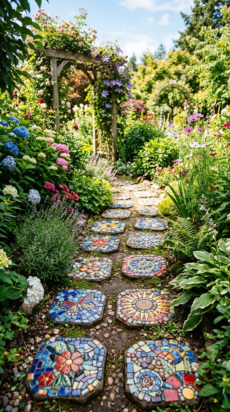 Colorful mosaic stepping stone path idea for a hippie garden
