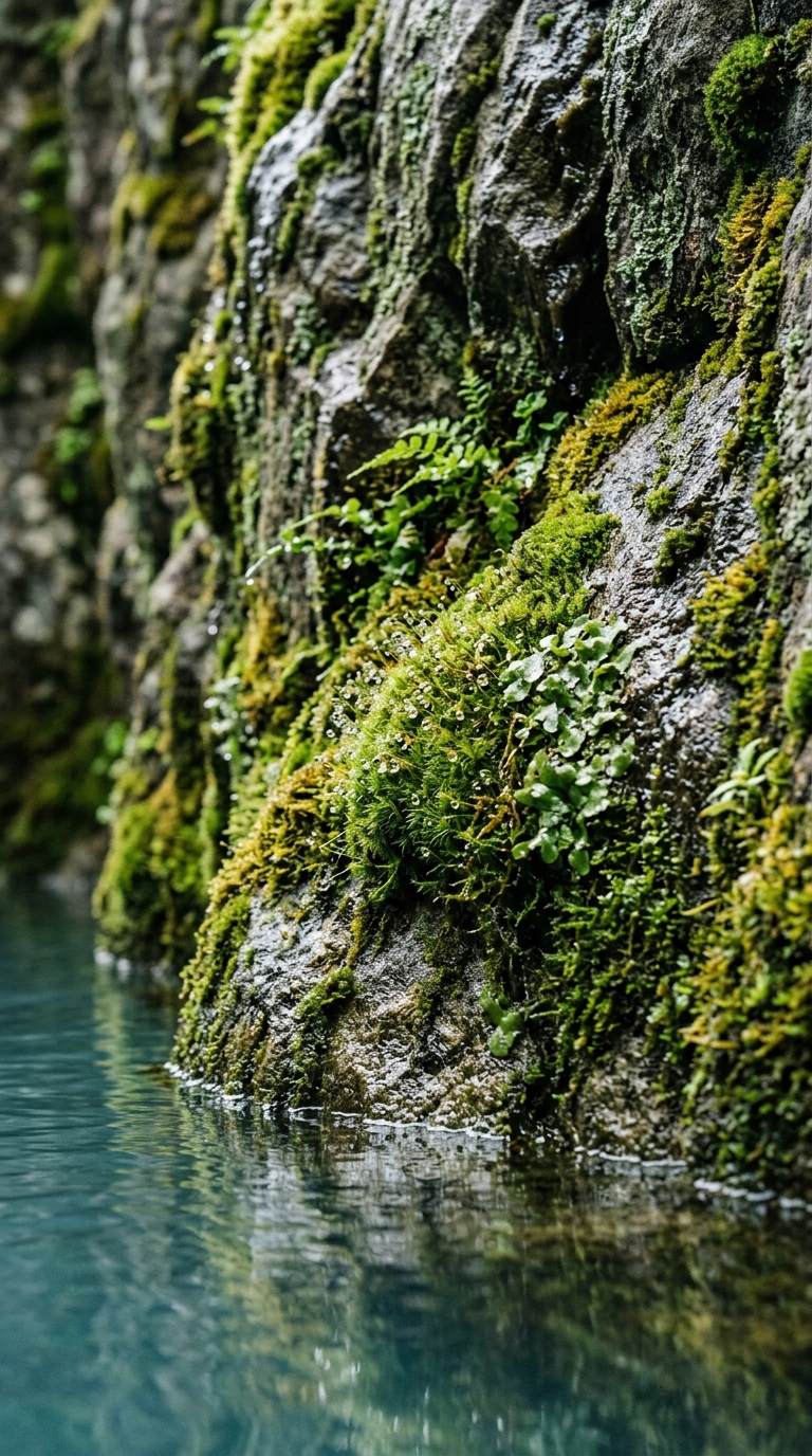 Moss-covered natural stone accents near a backyard rock pool