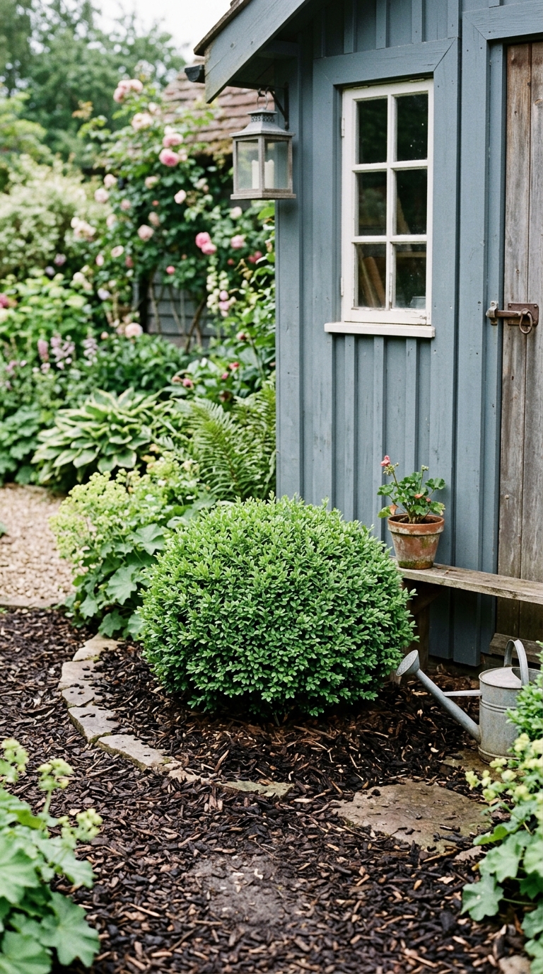 mulch-bed-single-shrub-shed-corner
