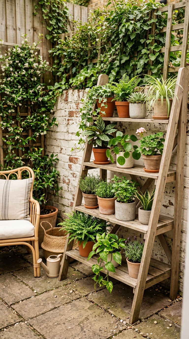 Multi-level plant stand idea for small patio greenery