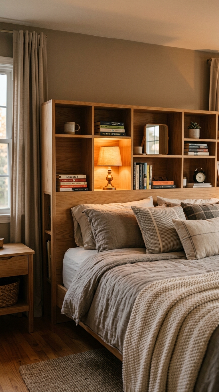 Headboard with built-in storage nooks and shelving