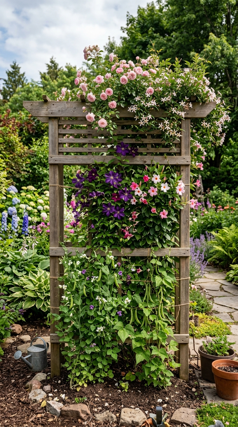 Multi-tier trellis supporting mixed climbing plant varieties