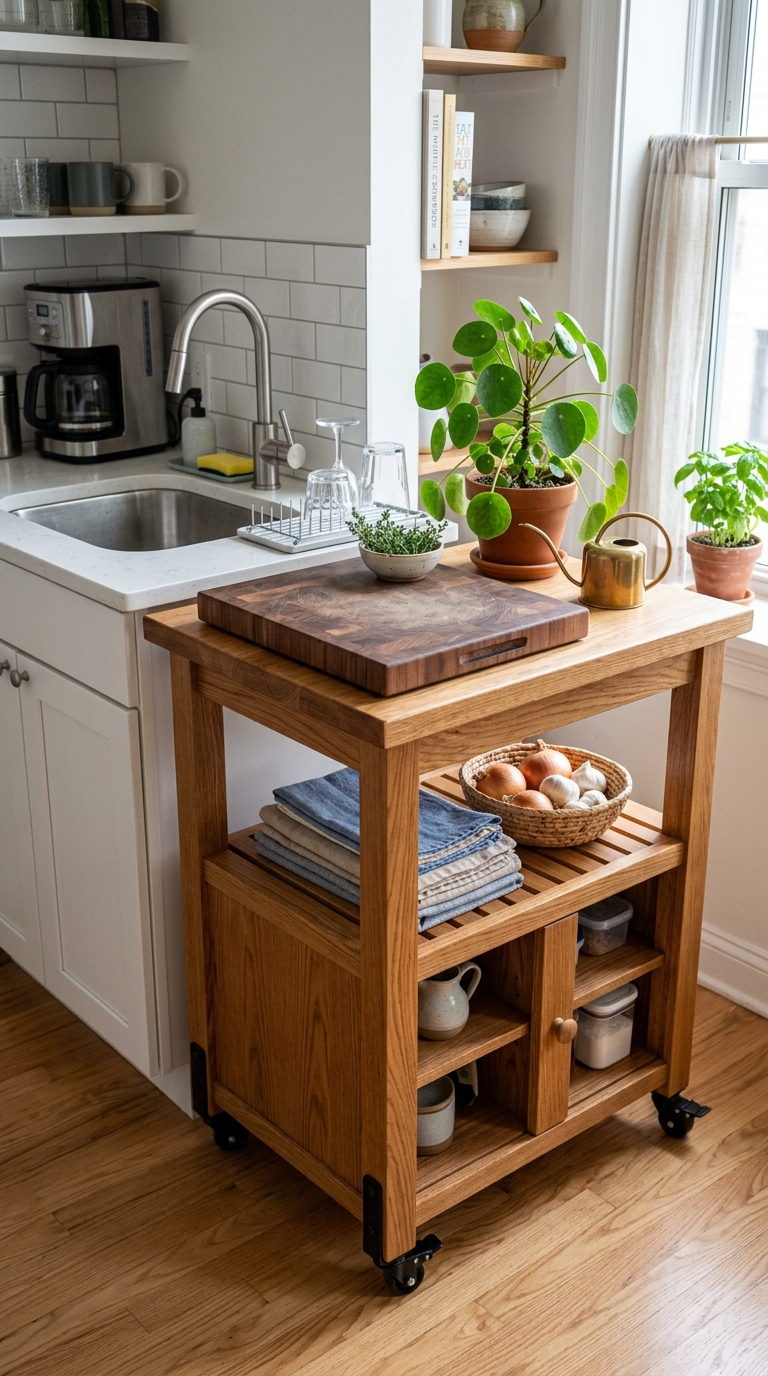 Wooden multifunctional kitchen cart used for apartment storage