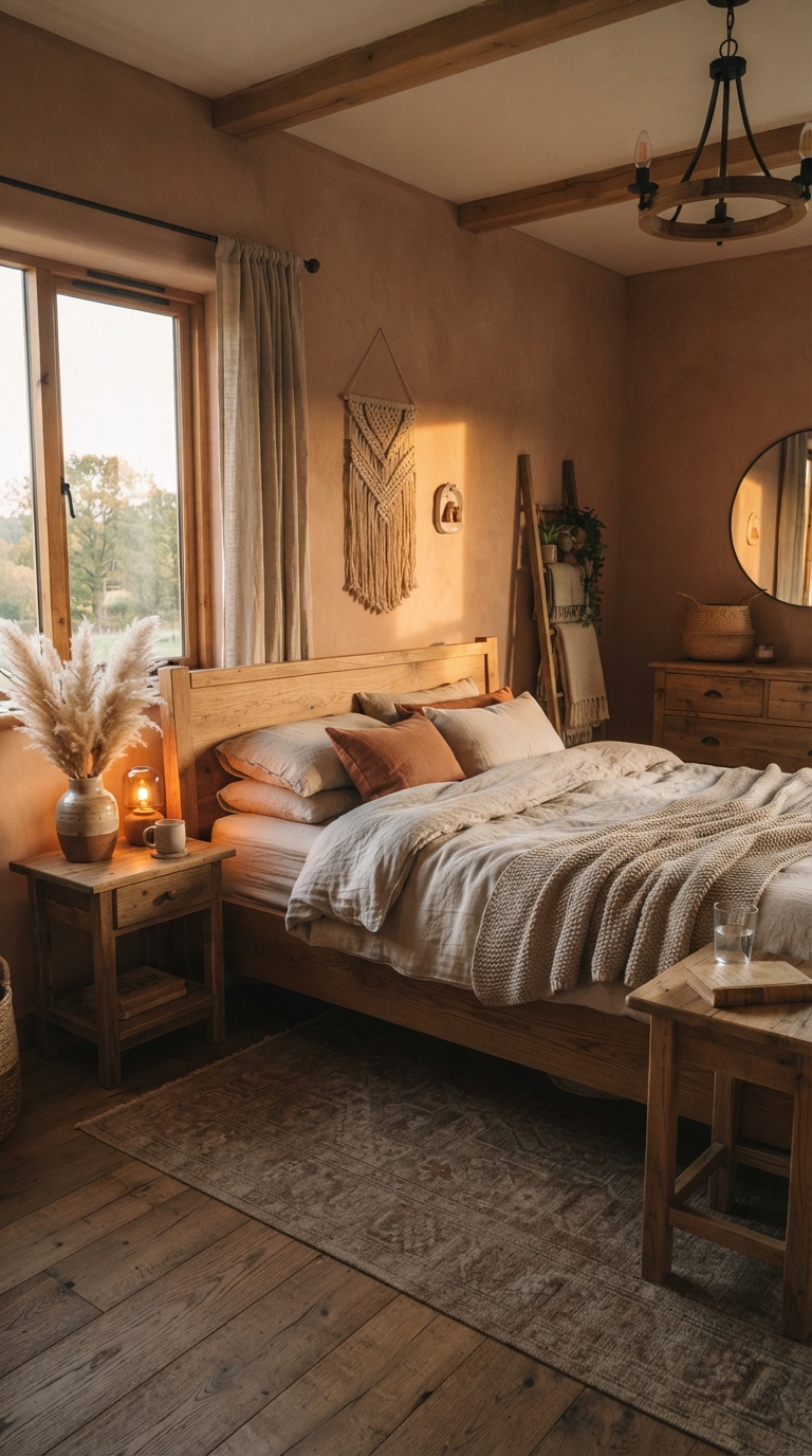 Muted clay bedroom walls with warm, earthy rustic tones