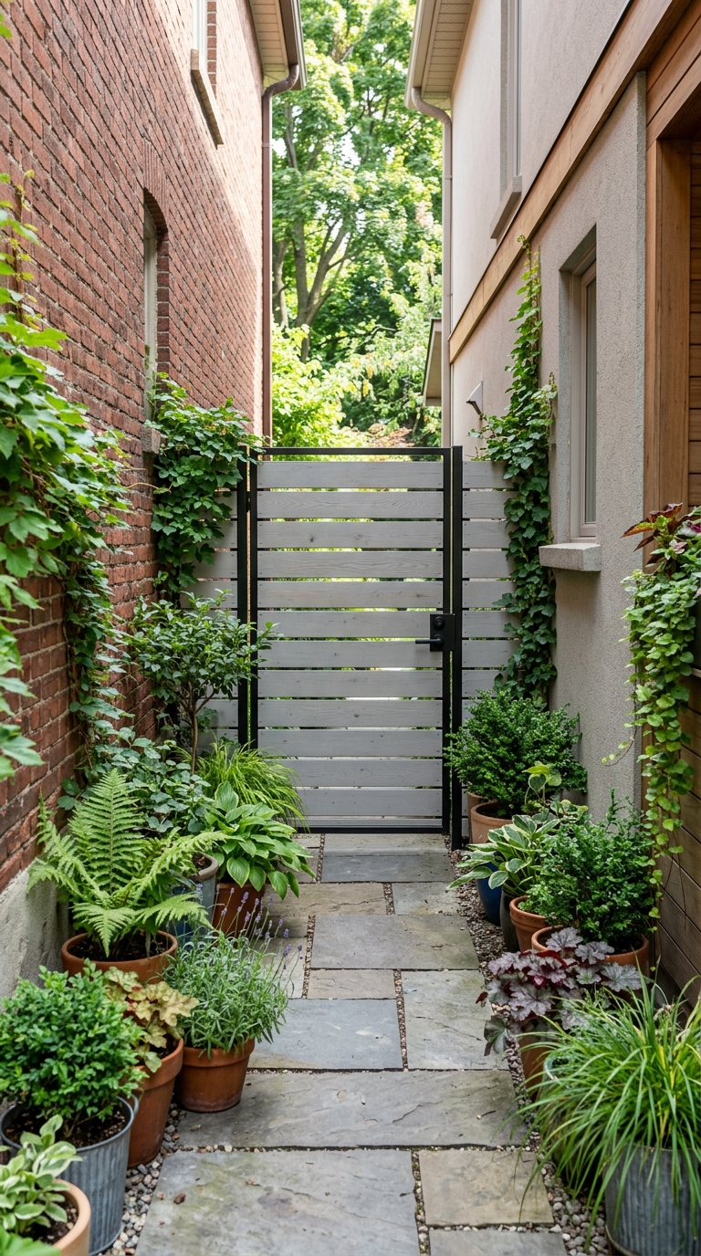 Small side-yard garden gate idea with horizontal slats for tight spaces