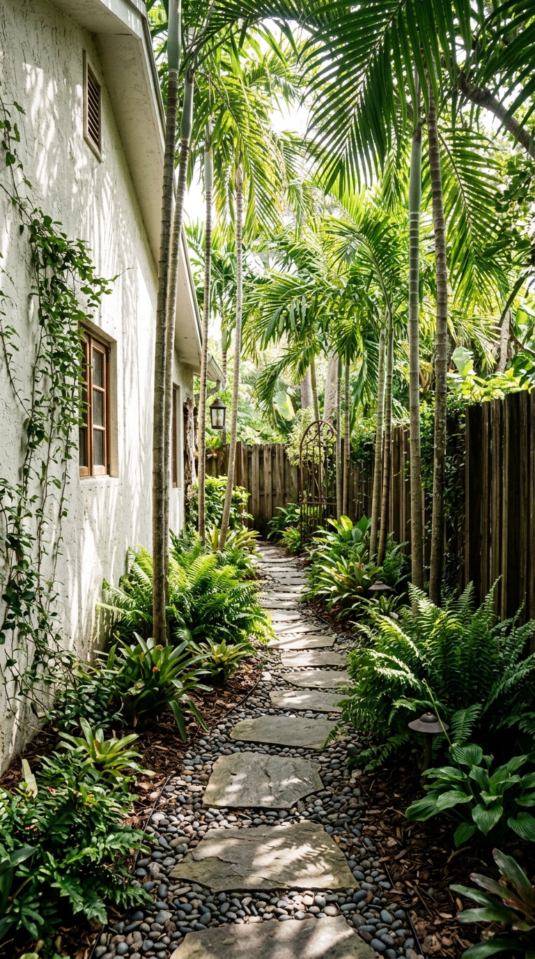 Narrow side yard tropical garden path with columnar palms and ferns