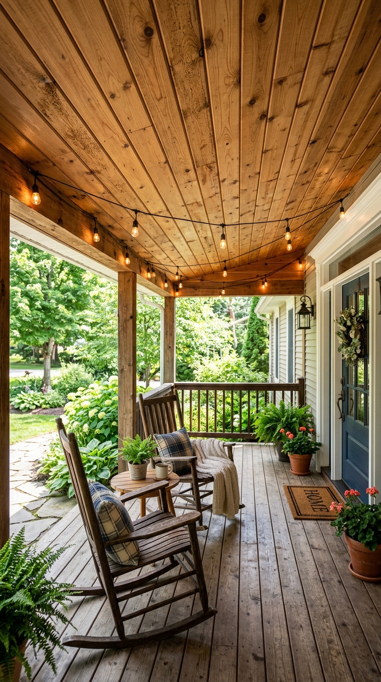 Natural cedar plank ceiling on a covered front porch