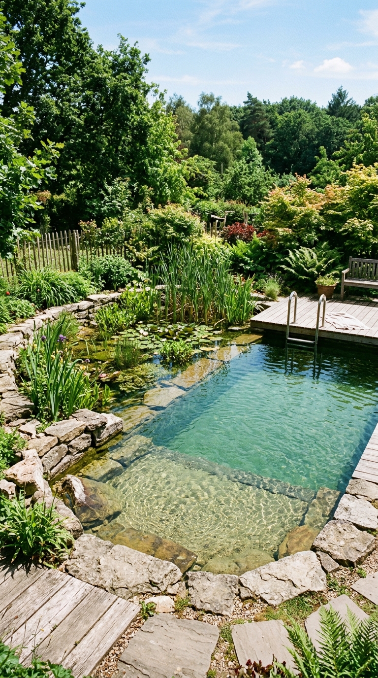 Natural swimming pool with plant-based biological filtration pond