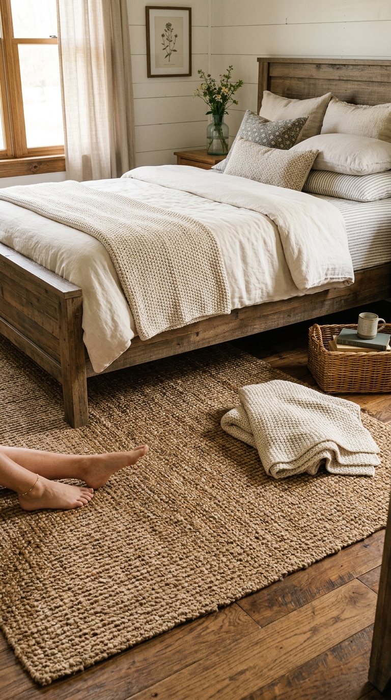 Natural jute area rug adding texture to a farmhouse bedroom floor