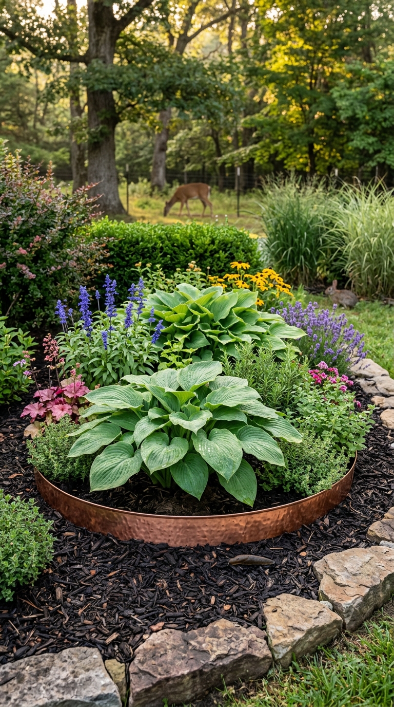Lush hosta plants growing in a well-maintained garden with natural protection against slugs, deer, and rabbits.