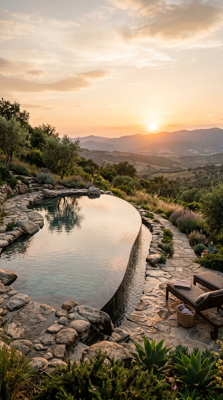 Natural swimming pool with stone infinity edge overlooking a scenic view
