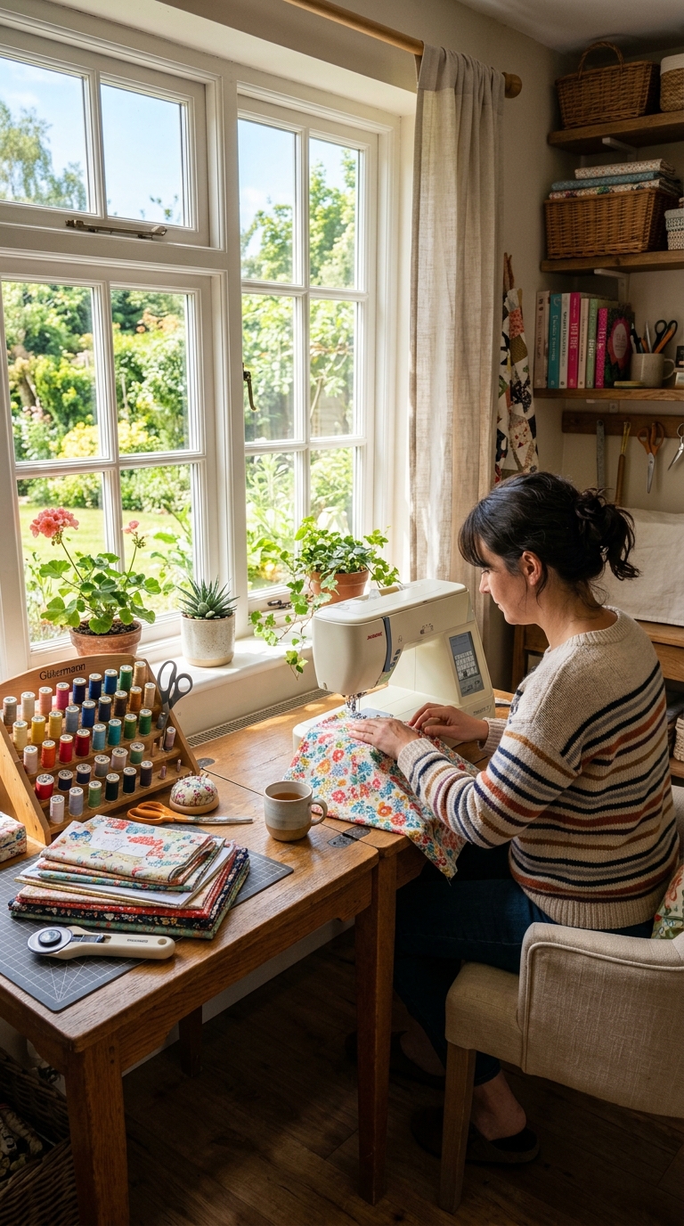 Sewing table near window with natural light for accurate color matching