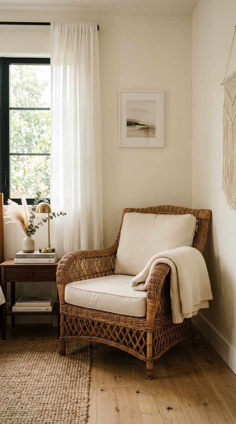 Rattan accent chair styled with throw blanket in fall bedroom corner