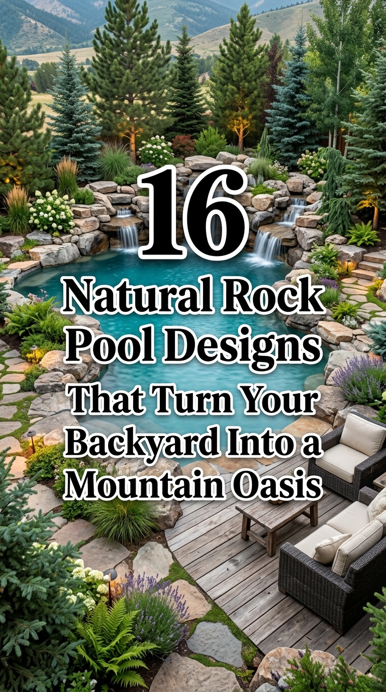 Natural rock swimming pool surrounded by boulders, waterfall, and lush greenery in a backyard landscape