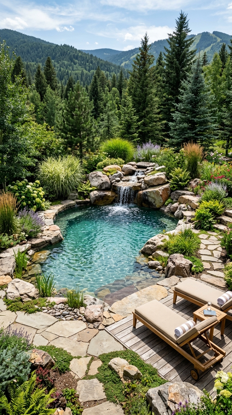 Discover 16 natural rock pool designs that transform your backyard into a peaceful mountain oasis with waterfalls, lush landscaping, and luxury outdoor inspiration.