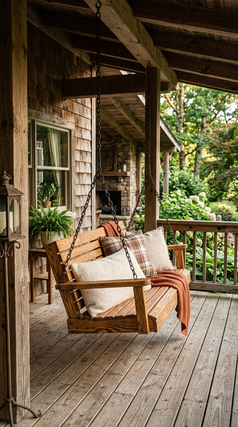 Natural stained wood porch swing on a rustic front porch