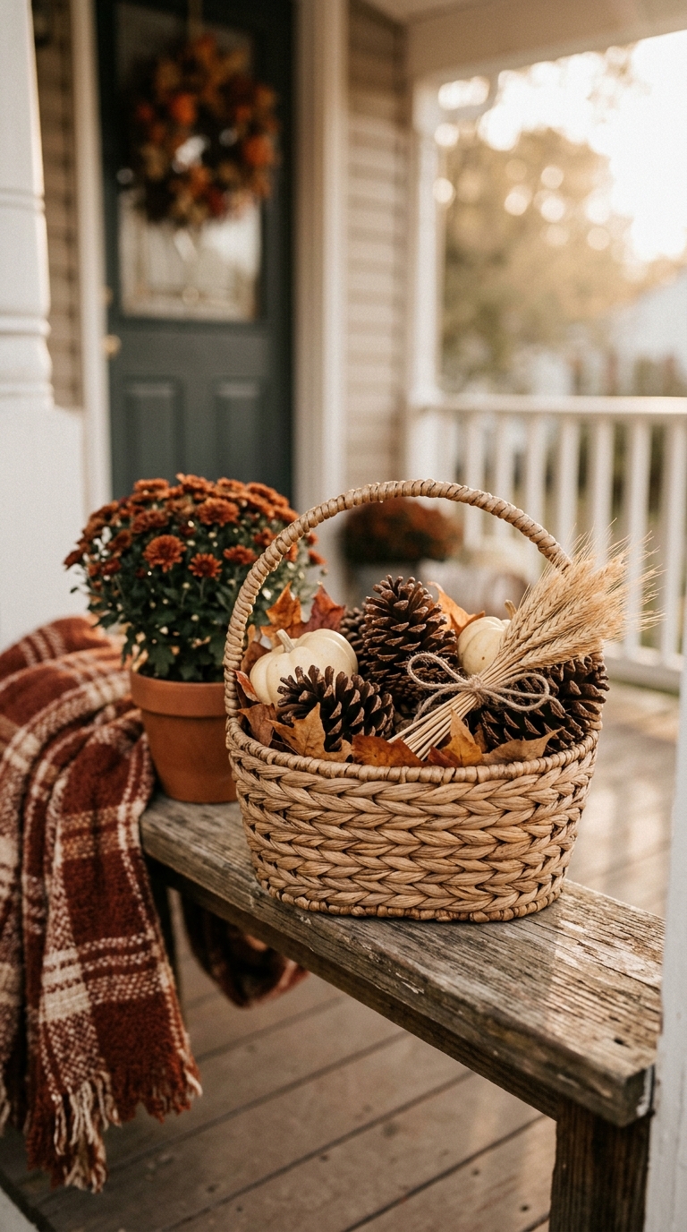 Wheat and pinecones styled in a basket for a small fall front porch.