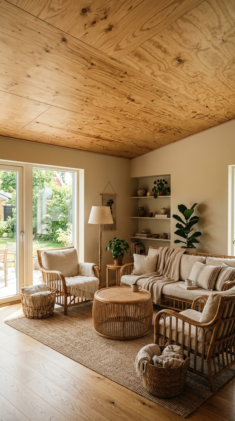 Natural wood-grain plywood ceiling in a neutral living room with rattan furniture