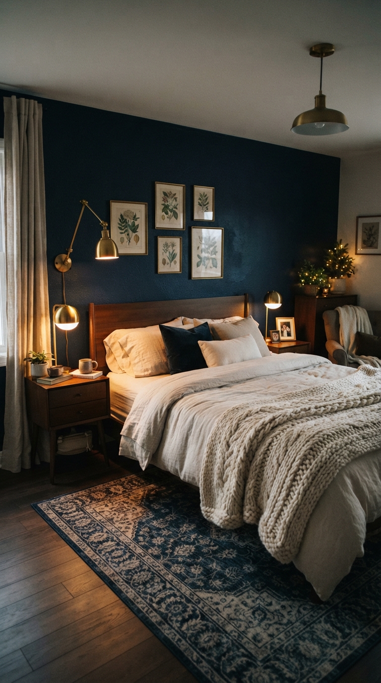 Navy blue accent wall creating an intimate, luxurious bedroom feel