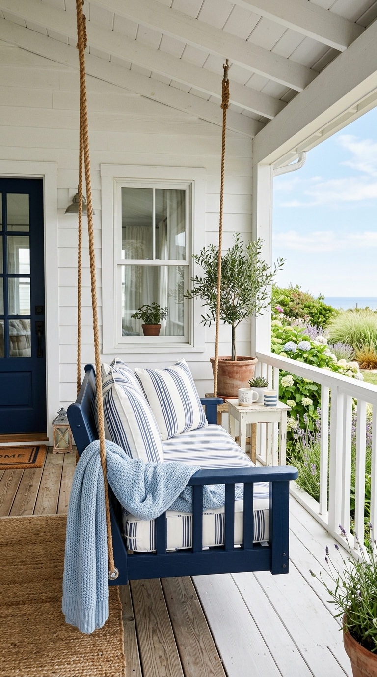 Deep navy porch swing styled for a coastal-inspired front porch