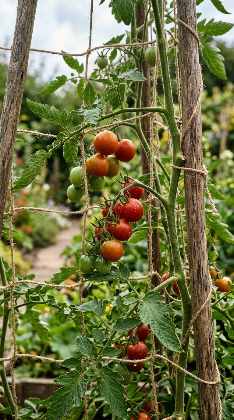 Tomato vines climbing a netting trellis stretched between wooden garden canes