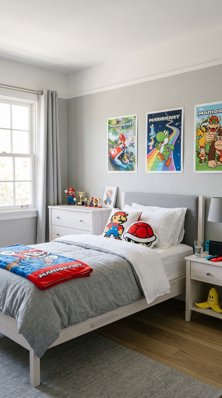 Neutral bedroom base styled with removable Mario Kart-themed accents