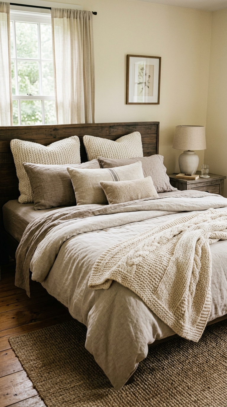 Layered neutral linen bedding with cozy textures in a farmhouse bedroom